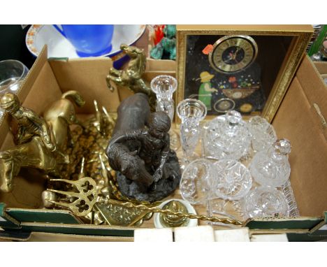 A box of miscellaneous items to include; brass figure of a horse and jockey with attendant hounds, a wall clock, glass dressi