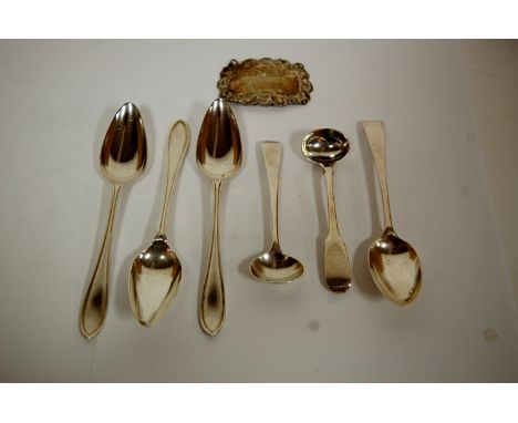 A small collection of silver wares to include pair of mustard spoons, set of six silver grapefruit spoons, whisky decanter la