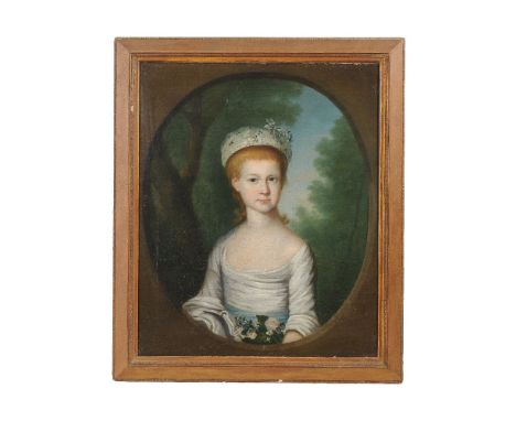 Continental School (18th century)   Portrait of a young girl wearing a white dress   Oil on canvas, painted oval   66 x 54cm 