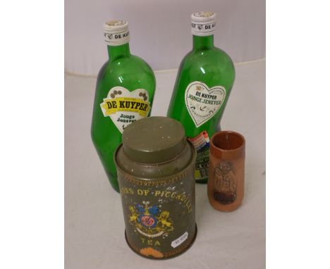 JACKSONS OF PICCADILY VINTAGE TIN TEA CONTAINER, TWO INTERESTING DE KUYPER BOTTLES AND NORFOLK PUNCH POT 