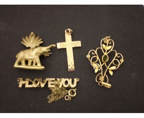 GOLD 9CT PENDANT CROSS AND I LOVE YOU PLUS CHAIN (3.8G) PLUS ELEPHANT BROOCH AND FLORAL PENDANT