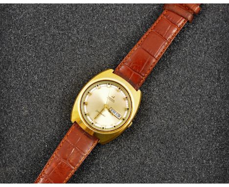 OMEGA SEA MASTER WITH GOLD COLOURED FACE, SECOND HAND, DATE APERTURE LEATHER STRAP, STEEL BACK  