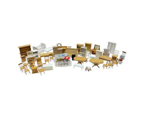Collection of 1:12 scale dolls house furniture and accessories, mostly pine and white wood, including tables, chairs, cots, d