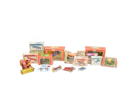 Britains 1:32 scale farm implements, vehicles and figures,  comprising 9563 Hay Baler, 9539 Seed Drill, 9534 Disc Harrow, 953