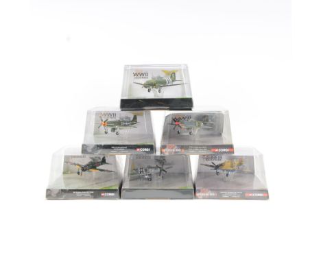 Six Corgi The Aviation Archive WWII Legends 1:72 scale diecast aeroplane models, including P51D Mustang no. AA32207, Mitsubis