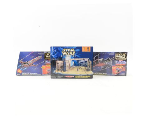 Galoob Star Wars Episode I Action Fleet Podracer Hangar Bay no. 68155, together with two Galoob Star Wars Micro Machines play