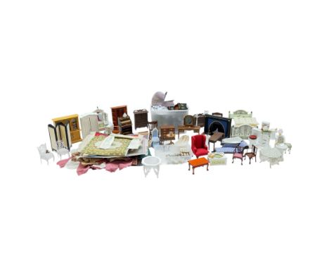 Collection of 1:12 scale dolls house furniture and accessories, including white wooden bedroom suite, rocking chair, sewing r