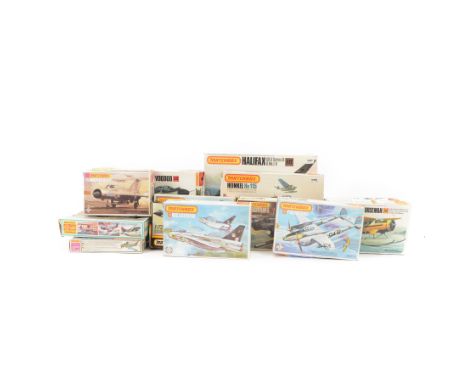 Fifteen Matchbox 1:72 scale aircraft model kits, including Heinkel He115, PK-103 Beaufighter MK-X and PK-604 Handley Page Hal