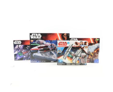 Four Hasbro Star Wars The Force Awakens playsets, comprising Millennium Falcon no. B3678, First Order Special Forces Tie Figh
