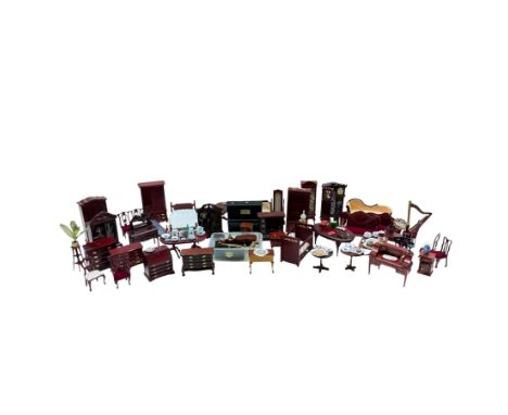 Collection of 1:12 scale dolls house furniture and accessories, mostly mahogany effect, including dressers, grandfather clock
