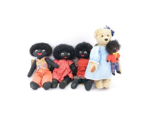 Robin Rive limited edition teddy bear 'Flo', blonde mohair bear with blue and white polka-dot night dress, holding golly doll