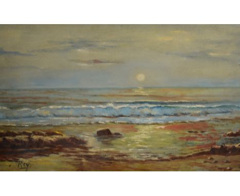 A 20th century Spanish oil on canvas, coastal scene at sunset, signed 'Rey' lower left, bearing V. Piera Barcelona stamp vers