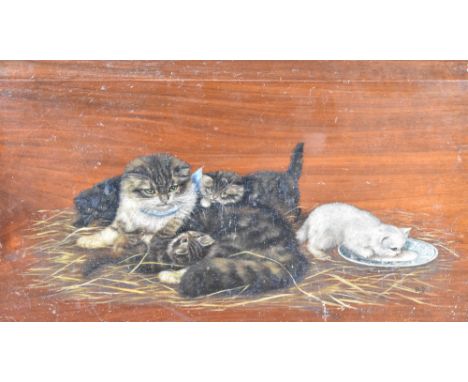 An oil painting on mahogany panel, a depiction of a mother cat and kittens, one drinking milk from a saucer, initialled B.B a