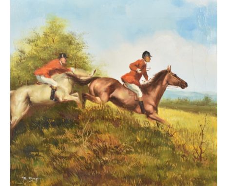 R King (20th century) oil on canvas, hunting scene with huntsmen and horses jumping, signed lower left, within a moulded fram
