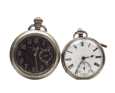 MILITARY ISSUE METAL KEYLESS WIND POCKET WATCH, the round black dial with H. WILLIAMSON LTD 99210F, patinated lume Arabic num
