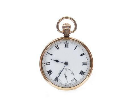 NINE CARAT GOLD OPEN FACE KEYLESS WIND POCKET WATCH, the round white enamel dial with Roman numerals in black, subsidiary sec