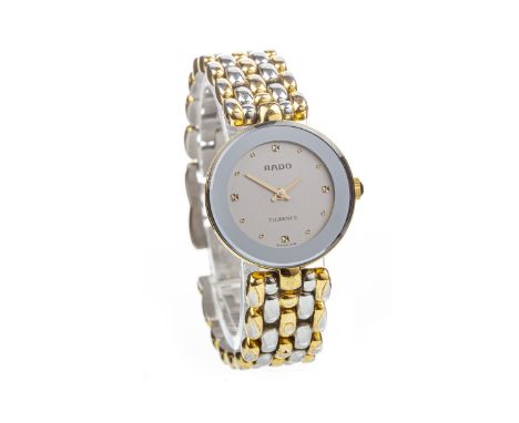 LADY'S RADO FLORENCE STAINLESS STEEL BI COLOUR QUARTZ WRIST WATCH, the round dial with dot hour markers, pencil hands, grey b