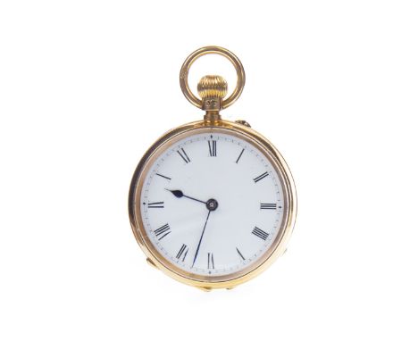 EIGHTEEN CARAT GOLD KEYLESS WIND OPEN FACE FOB WATCH, the movement cover signed C. S. Sewell, London, the round white enamel 