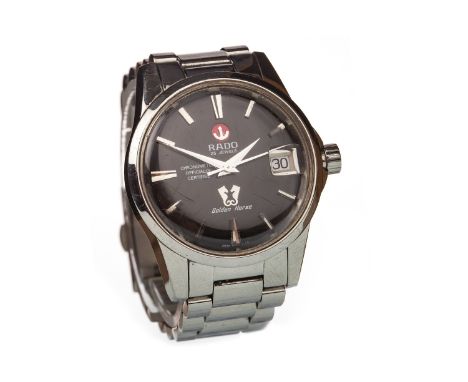 GENTLEMAN'S RADO GOLDEN HORSE STAINLESS STEEL AUTOMATIC WRIST WATCH, the round black dial with applied tapered stainless stee