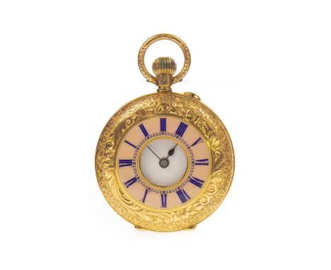 LADY'S NINETEENTH CENTURY CONTINENTAL ENAMELLED GOLD HALF HUNTER KEYLESS WIND POCKET WATCH, unsigned movement, the round whit