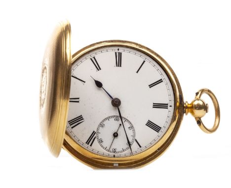 EIGHTEEN CARAT GOLD FULL HUNTER KEY WIND POCKET WATCH, the round white enamel dial with Roman numerals in black, sunken subsi