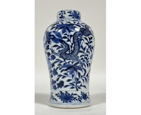 A good late Qing Dynasty/Early Republic period Chinese porcelain Kangxi-revival meiping form blue and white vase decorated wi