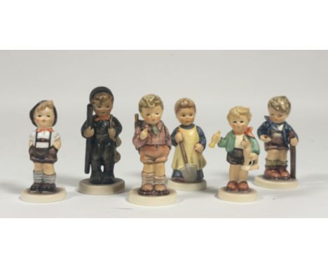 A collection of Hummel figures comprising, "One,Two,Three", "Chimney Sweep", "For Keeps", "Summertime Surprise", "Garden Trea