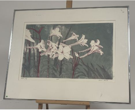 Valerie Daniel (British 1925-2006) Lilies, coloured artist proof etching, signed and titled bellow, artist label verso, in a 