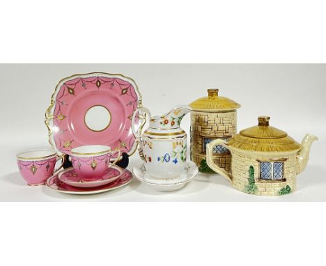 A mixed group of ceramics comprising a Paragon china pink and swag decorated tea trio (cups, saucer, tea plate), square tea s