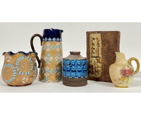 A mixed group of ceramics comprising a Royal Doulton pewter topped jug (marked verso, lid loose, h- 18.5cm), a similarly deco