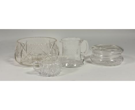 A collection of various crystalware comprising, a large&nbsp; etched decorative bowl (h-12.5cm), a small creamer (h-7cm),a pi
