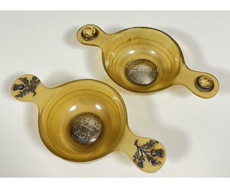 William Dunningham and Co of Edinburgh, two turned horn quaichs, each inlaid with silver roundel bearing Gaelic motto 'Sguaib