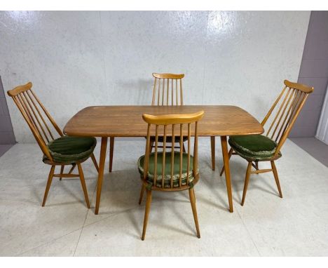 Vintage ERCOL Elm dining table on splayed legs, approx 152cm x 76cm x 71cm tall, accompanied by four ERCOL 'Goldsmith' stick 