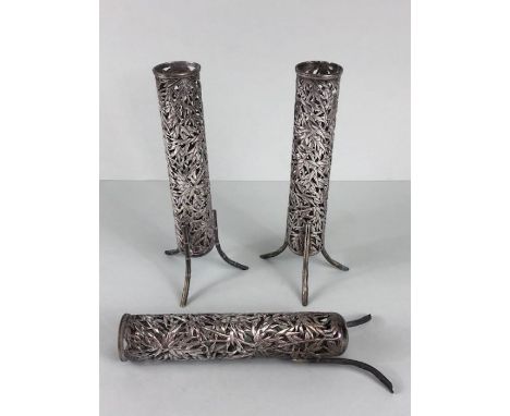 Chinese Silver,  3 Chinese Wang Hing Silver chop stick Click holders , tall form of open work Bamboo design marked on bases W