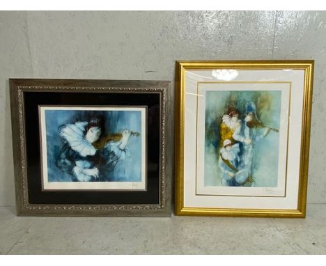 Limited edition print of person playing violin 32/300, and a limited edition print 24/300, of children playing instrument bot