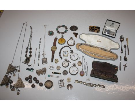 A box containing 9ct gold mounted pendant; a silver cased pocket watch and various other pocket watches; stop watches; silver