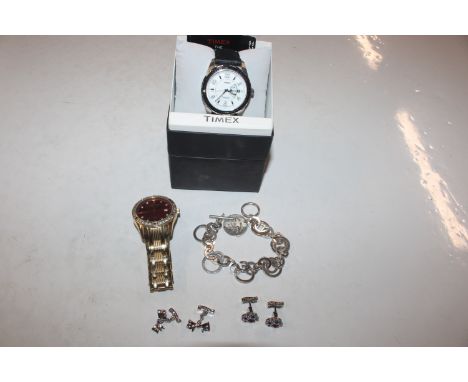 A Timex Perpetual calendar wrist watch; an Ingersoll wrist watch; and a box containing necklace and cuff-links