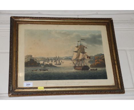 A coloured print, "The Harbour of Port Cornwallis" in gilt frame 