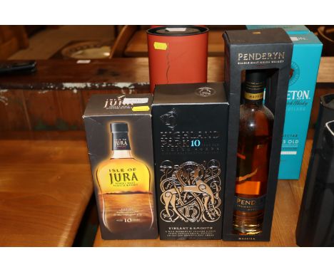 An isle of Jura single malt Scotch whisky, 70cl; a Highland Park 10 Year Old Viking Scars single malt Scotch whisky; and a Pe