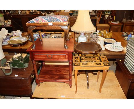 An upholstered stool; a Neapolitan musical sewing table; a tripod wine table; a two tier bedside table; a folding card table 