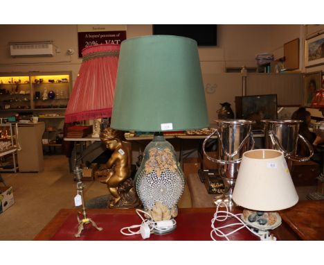 A large Bernard Rooke table lamp decorated insects, flowers and snails with green shade 