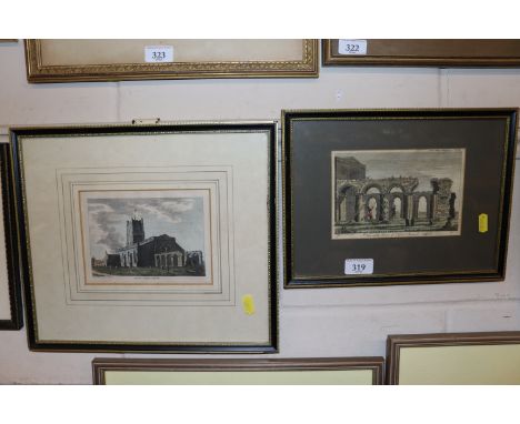 An antique coloured print "South View of the Ruins of Orford Chancel" after J. Johnson; and a study of Orford chapel