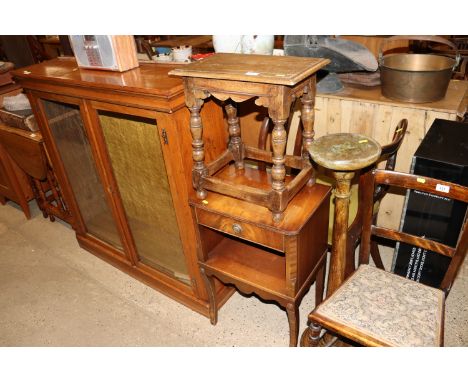 An oak joint stool; a mahogany two tier bedside table; and a jardini&egrave;re stand