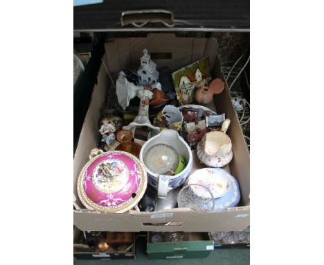 A box of domestic pottery and porcelain to include an antique Spode pedestal sauce pot