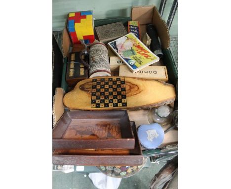 A selection of domestic items various to include cribbage boards, dominoes, etc.