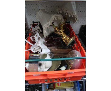 A crate containing a 19th century family Bible, a pair of cherub table lamps, and a Victorian set of kitchen scales (crate to