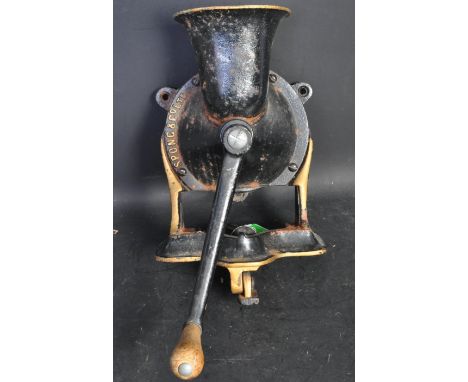 A mid 20th century circa 1950's cast metal black and gold painted Spong &amp; Co Model 400 coffee grinder. Measures 32cm leng