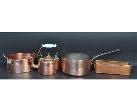 A collection retro vintage mid 20th century copperware comprising of a large pan, jardinaire, hanging lamps, kettle and more.