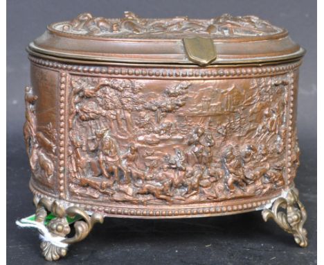 An early 20th century circa. 1900s French Parisian bronzed jewellery casket. The casket being decorated in bas relief with fi