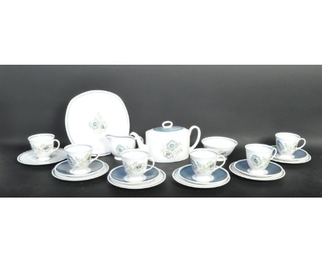 A vintage 20th century Susie Cooper &amp; Wedgwood 'Glen Mist' pattern bone china tea service comprising of teapot, teacups, 